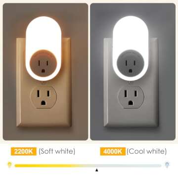 Dawnrise Night Lights Plug Into Wall,Dusk to Dawn Sensor Night Light with Power Outlet,CCT 2200K or 4000K,5LM or 20LM Adjustable Brightness for Bedroom,Kitchen,Living Room,Office,2PK