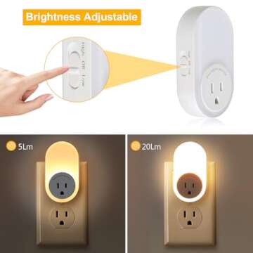 Dawnrise Night Lights Plug Into Wall,Dusk to Dawn Sensor Night Light with Power Outlet,CCT 2200K or 4000K,5LM or 20LM Adjustable Brightness for Bedroom,Kitchen,Living Room,Office,2PK