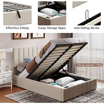 Queen Upholstered Platform Bed with Gas Lift up Storage, Queen Bed Frame with Storage Underneath and Tufted Headboard, Wooden Platform Bed with Hydraulic Storage System (Queen Bed, Beige )