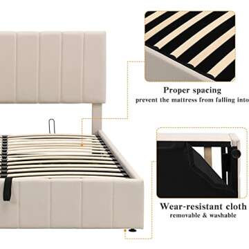 Queen Upholstered Platform Bed with Gas Lift up Storage, Queen Bed Frame with Storage Underneath and Tufted Headboard, Wooden Platform Bed with Hydraulic Storage System (Queen Bed, Beige )