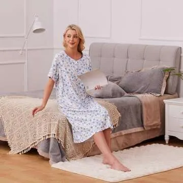 Keyocean Ladies Nightgowns for Summer, Soft Cotton Lightweight Comfortable Short Sleeves Women Nightdress