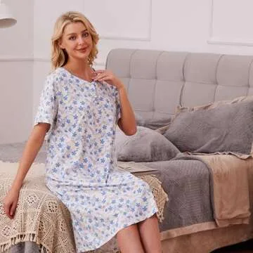 Keyocean Ladies Nightgowns for Summer, Soft Cotton Lightweight Comfortable Short Sleeves Women Nightdress