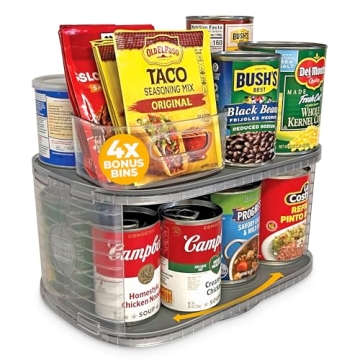 Mighty Susan Kitchen Organizer for Canned Goods: 2-Tiered Robust Turntable Organizer for Cabinet/Pantry. Steel Reinforced Holds Up To 30 lbs. Rotates 360° for Maximum Visibility. Includes 4 Bonus Bins