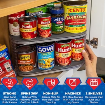 Mighty Susan Kitchen Organizer for Canned Goods: 2-Tiered Robust Turntable Organizer for Cabinet/Pantry. Steel Reinforced Holds Up To 30 lbs. Rotates 360° for Maximum Visibility. Includes 4 Bonus Bins
