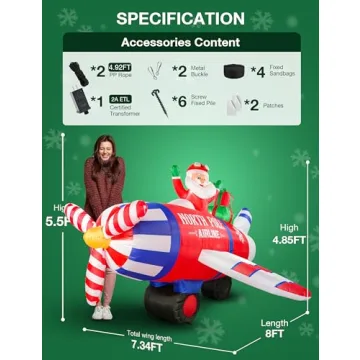 NIORSUN 8FT Inflatable Christmas Santa Airplane Decoration