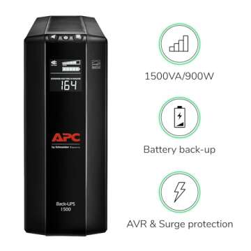 APC UPS 1500VA UPS Battery Backup and Surge Protector, BX1500M Backup Battery Power Supply, AVR, Dataline Protection