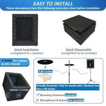 TroyStudio Portable Vocal Booth, Large Foldable Microphone Isolation Shield, Music Recording Studio Sound Echo Absorbing Box, Desk & Stand Use Reflection Filter with Thickened Dense Acoustic Foam