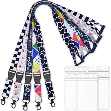 AMUU 5 Pack Lanyard with ID Badge Holder Neck Office Safety Breakaway lanyards for id Badges Women Key Kids Ship Card Cruise Black White