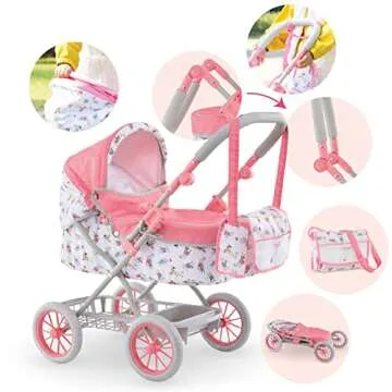 Corolle - Mon Grand Poupon Carriage Stroller - Adjustable Handle, Folding Design, for 14", 17" & 20" Baby Dolls