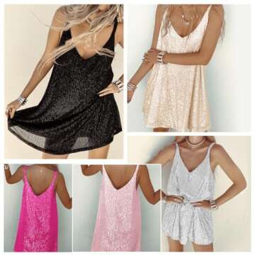 SOIOMES Sexy Elegant Women Sequin Gallus, V Neck Sparkle Shift Dress, Sparkly Glitter Dress, Party Night Out Glitter Short Dress Silver