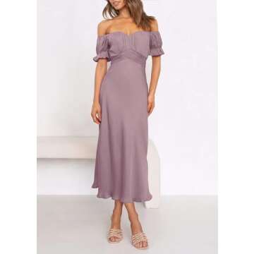 KIRUNDO Women's 2024 Summer Satin Midi Dress Off Shoulder Wrap Ruched Wedding Guest Party Cocktail Formal Prom Dresses(Pink, Large)