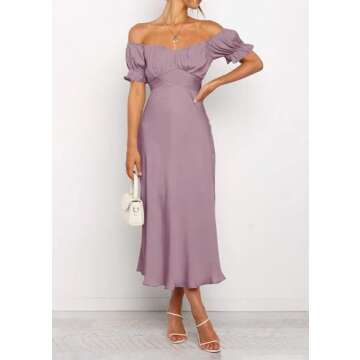 KIRUNDO Women's 2024 Summer Satin Midi Dress Off Shoulder Wrap Ruched Wedding Guest Party Cocktail Formal Prom Dresses(Pink, Large)