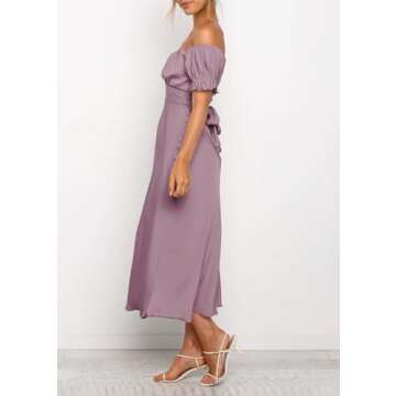 KIRUNDO Women's 2024 Summer Satin Midi Dress Off Shoulder Wrap Ruched Wedding Guest Party Cocktail Formal Prom Dresses(Pink, Large)