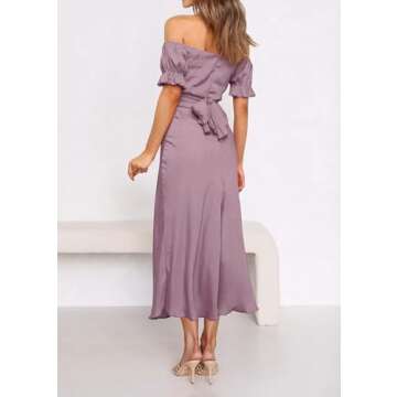 KIRUNDO Women's 2024 Summer Satin Midi Dress Off Shoulder Wrap Ruched Wedding Guest Party Cocktail Formal Prom Dresses(Pink, Large)