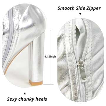 Wsheliu Women's Boots Thigh High Boots Chunky Heel Over The Knee Boots Silver Patent Leather PU Zipper Stretchy Sexy Pointed Toe GO GO Boots Knee High Boots Prom Party Silver US 9