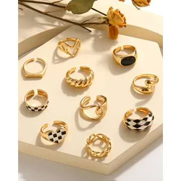 FAXHION 10PCS Gold Stackable Rings Set for Women, 18K Gold Plated Open Stacking Knuckle Ring, Adjustable Chunky Signet Band Ring for Gift