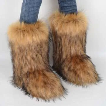ZSGYCHCY Women's Faux Fur Boots Winter Fuzzy Fluffy Warm Furry Snow Boots Flat Shoes