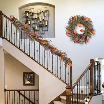 Valery Madelyn 6 Feet Fall Garland with Pine Needle, Berry Clusters, Pumpkin, Leaves, Decorative Garland for Harvest Front Door and Thanksgiving Decorations