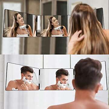 HIEEY 3 Way Mirror for Hair Cutting,360 Trifold Mirror with Height Adjustable Telescoping Hooks,and ...