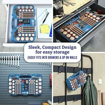 THE BATTERY ORGANISER Storage Case with Tester, Clear , Holder for 180 Batteries of Various Sizes, Light Blue