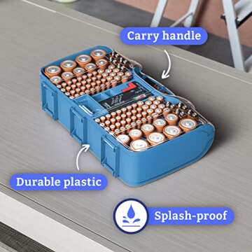 THE BATTERY ORGANISER Storage Case with Tester, Clear , Holder for 180 Batteries of Various Sizes, Light Blue