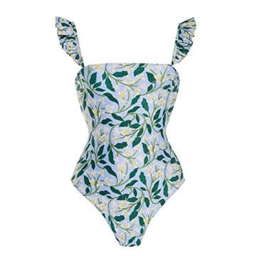 IDOPIP Women's One Piece Swimsuit with Cover up Beach Skirt Retro Floral Printed Swimsuit Bathing Suit Ruffle V-Neck Monokini Swimwear Sarong Coverups Two Piece Bikini Set Beachwear Green Leaves S