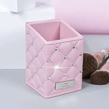 LORYP Makeup Brush Holder Crystal Brushes Cup Pink PU Make up Brush Case Bag Storage for Women