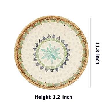 Kmelep Round Rattan Tray with Mother of Pearl Inlay, Rattan Serving Tray with Wooden Base, Decorative Wicker Basket for Table Decor, Storage and Display of Coffee Bread Food Fruit (Bohemia)