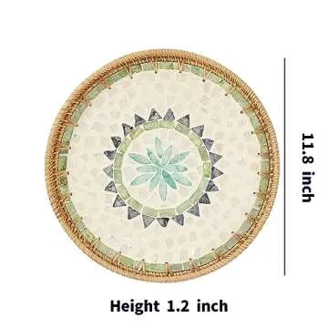 Kmelep Round Rattan Tray with Mother of Pearl Inlay, Rattan Serving Tray with Wooden Base, Decorative Wicker Basket for Table Decor, Storage and Display of Coffee Bread Food Fruit (Bohemia)