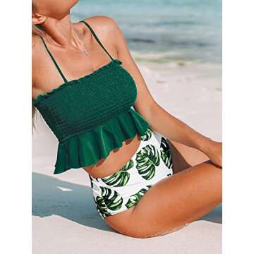 CUPSHE Women's Smocked Green and Monstera Ruffled High Waisted Bikini, S