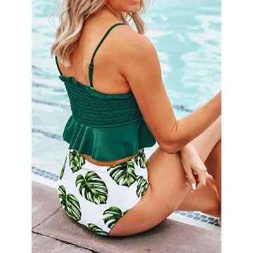 CUPSHE Women's Smocked Green and Monstera Ruffled High Waisted Bikini, S