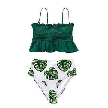 CUPSHE Women's Smocked Green and Monstera Ruffled High Waisted Bikini, S