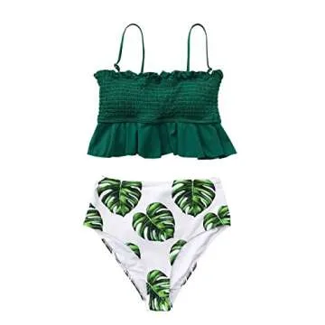 CUPSHE Women's Smocked Green and Monstera Ruffled High Waisted Bikini, S