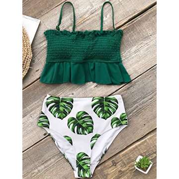 CUPSHE Women's Smocked Green and Monstera Ruffled High Waisted Bikini, S