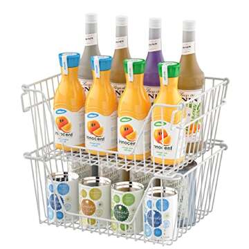 Slideep 14'' Large Stackable Storage Baskets Cabinet Organizer Sturdy Metal Wire Pantry Freezer Bin for Pantry Home Bathroom Kitchen Organization White - 2 Pack