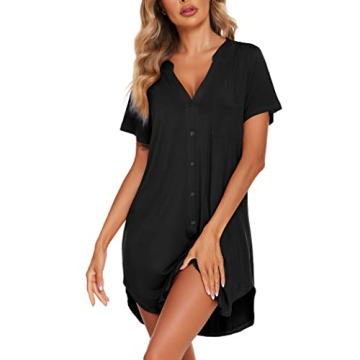 Ekouaer Nightgown V Neck Sleepwear Casual Button Sleepdress