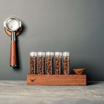 Single Dose Coffee Bean Storage Tubes KNODOS Coffee Bean Cellar 10 Pcs Dosing Glass Vials With Lids (2 Oz) Wooden Display Stand And Funnel