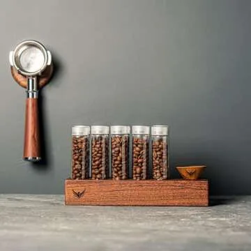 Single Dose Coffee Bean Storage Tubes KNODOS Coffee Bean Cellar 10 Pcs Dosing Glass Vials With Lids (2 Oz) Wooden Display Stand And Funnel