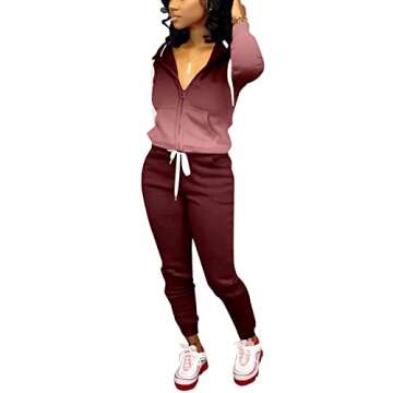 Nimsruc Two Piece Outfits For Women Casual Tracksuit Hoodie Jogging Suits Long Sleeve Sweatsuit Pants Sets Wine Red Gradient L