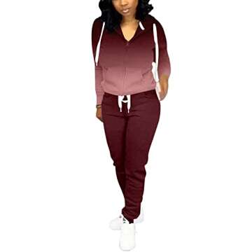 Nimsruc Two Piece Outfits For Women Casual Tracksuit Hoodie Jogging Suits Long Sleeve Sweatsuit Pants Sets Wine Red Gradient L