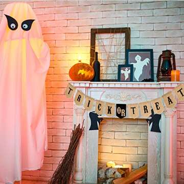 Whaline Halloween Trick or Treat Burlap Banner, Hanging Banner Home Decor Bunting Flag Fireplace Garland, Black, Orange