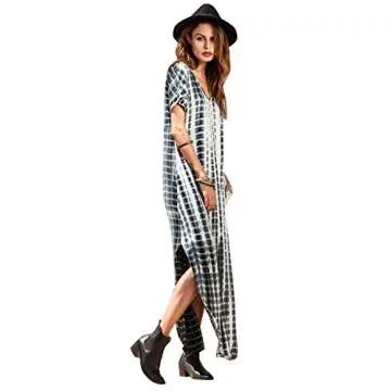 MakeMeChic Women's Boho Maxi Short Sleeve Split Pockets Tie Dye Long Dress Grey L