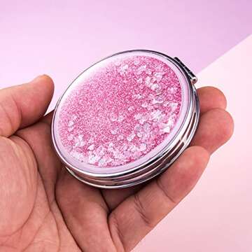 SUKPSY Compact Travel Makeup Mirror Mini Portable Double-Sided Magnifying Handheld Mirror Dream Quicksand Glitter Mirror Folding Mirror for Purses and Travel (Pink + Circular)