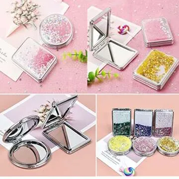 SUKPSY Compact Travel Makeup Mirror Mini Portable Double-Sided Magnifying Handheld Mirror Dream Quicksand Glitter Mirror Folding Mirror for Purses and Travel (Pink + Circular)