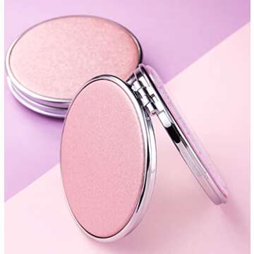 SUKPSY Compact Travel Makeup Mirror Mini Portable Double-Sided Magnifying Handheld Mirror Dream Quicksand Glitter Mirror Folding Mirror for Purses and Travel (Pink + Circular)