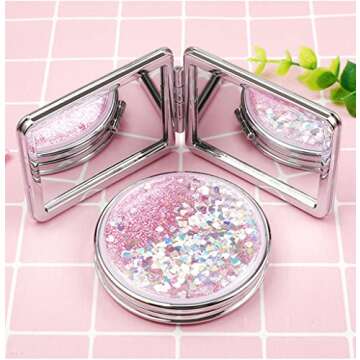 SUKPSY Compact Travel Makeup Mirror Mini Portable Double-Sided Magnifying Handheld Mirror Dream Quicksand Glitter Mirror Folding Mirror for Purses and Travel (Pink + Circular)