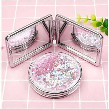 SUKPSY Compact Travel Makeup Mirror Mini Portable Double-Sided Magnifying Handheld Mirror Dream Quicksand Glitter Mirror Folding Mirror for Purses and Travel (Pink + Circular)