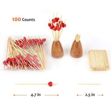 Minisland Red Love Heart Cocktail Picks, 4.7 Inch Long Bamboo Fancy Toothpicks for Appetizers, Decor...
