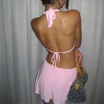 Miqil Women's Sexy Bodycon Tube Dress Y2k Backless Ruffle Trim Flower Tassels High Spilt Long Dress Night Party Club Dress G Pink