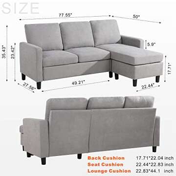 Walsunny Convertible Sectional Sofa for Small Space L-Shaped Couch with Modern Linen Fabric (Light Grey)